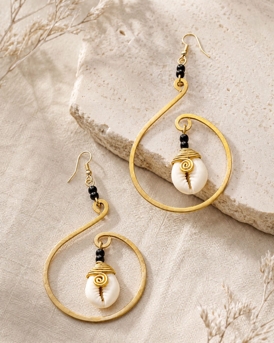 Cowrie Shell Brass Hoop Earrings