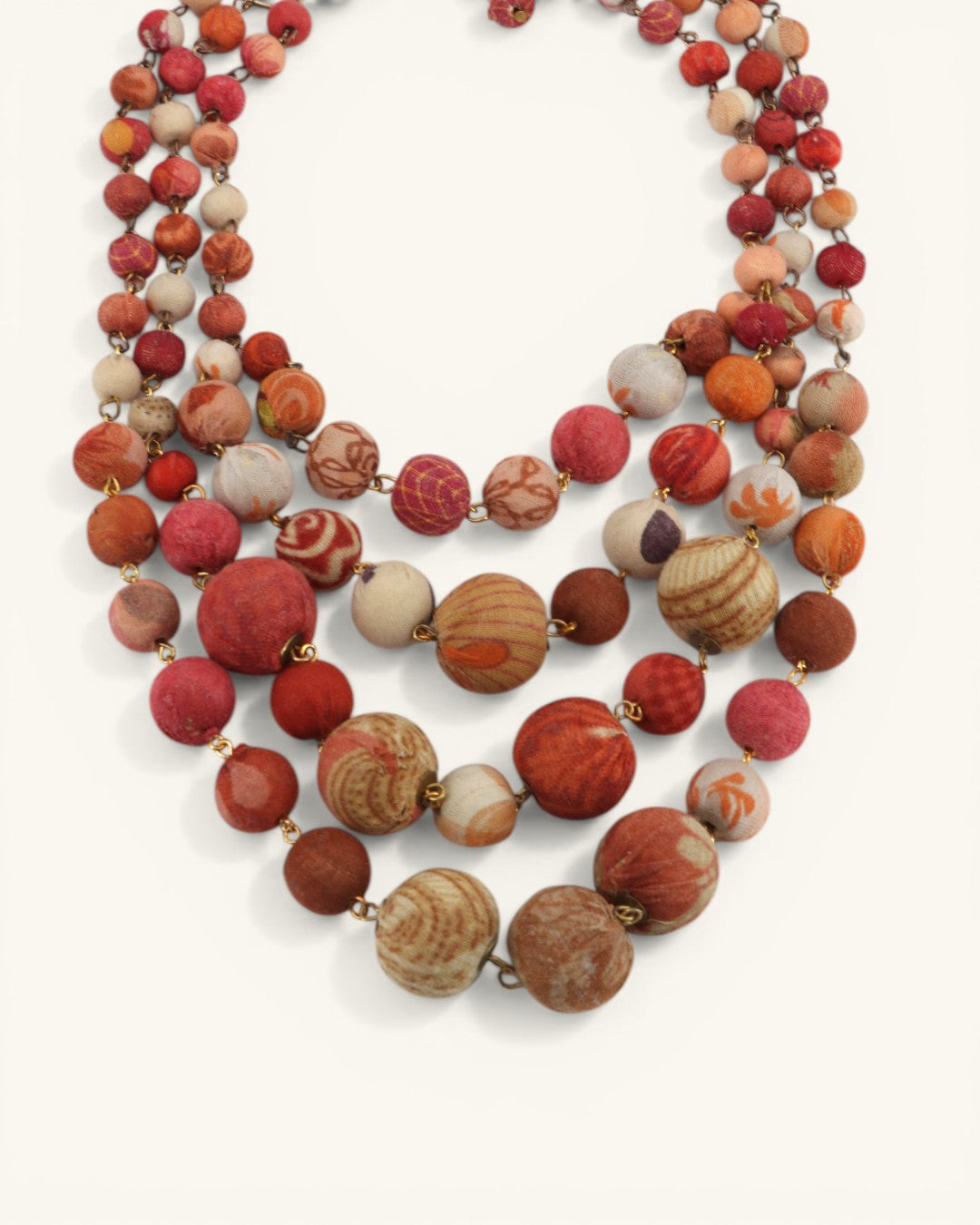 Multicolored beaded necklace on a white background