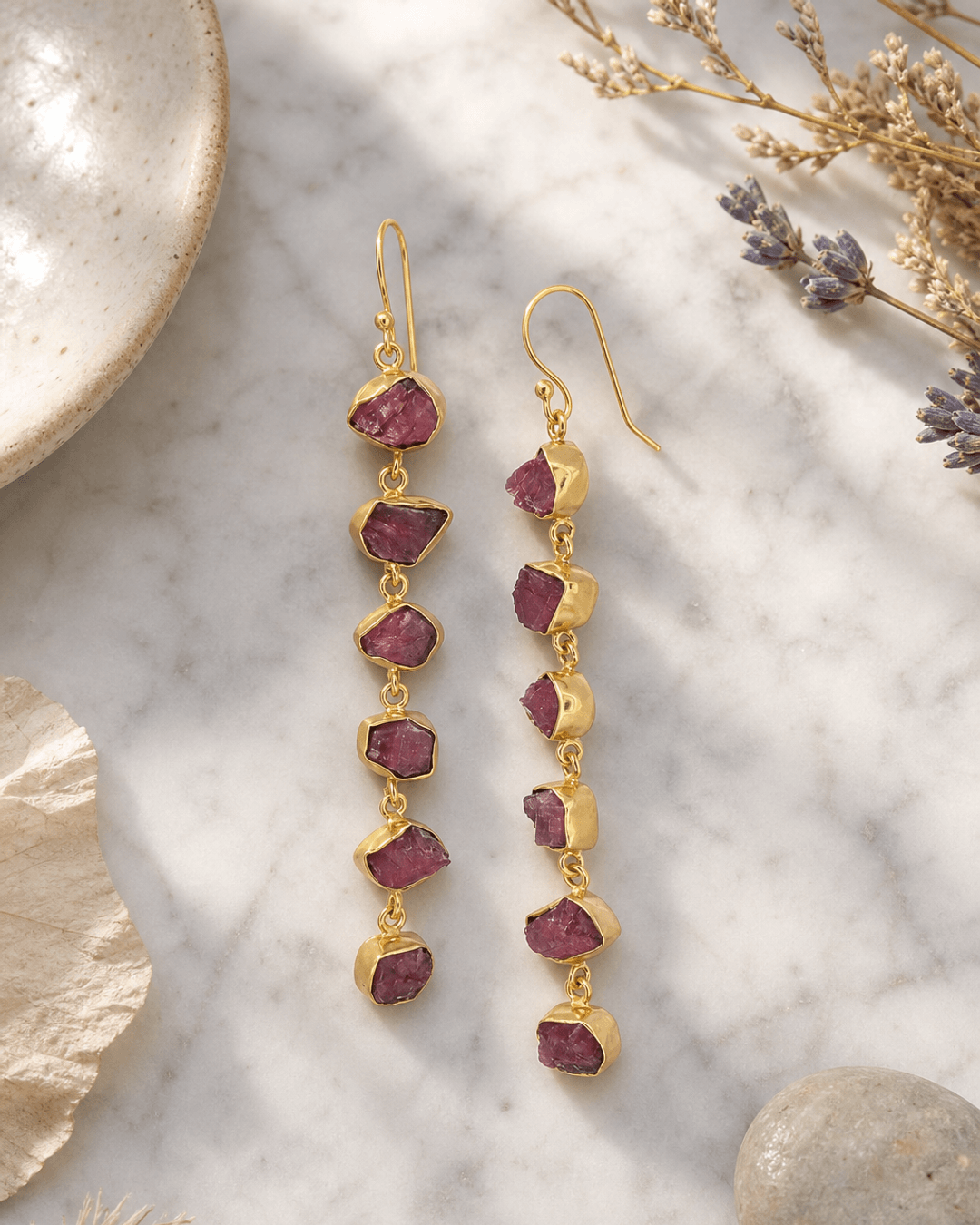 Raw Pink Tourmaline Dangle Earrings — earrings, editorial marble lifestyle photo