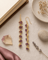 Raw Pink Tourmaline Dangle Earrings — earrings, flatlay linen lifestyle photo