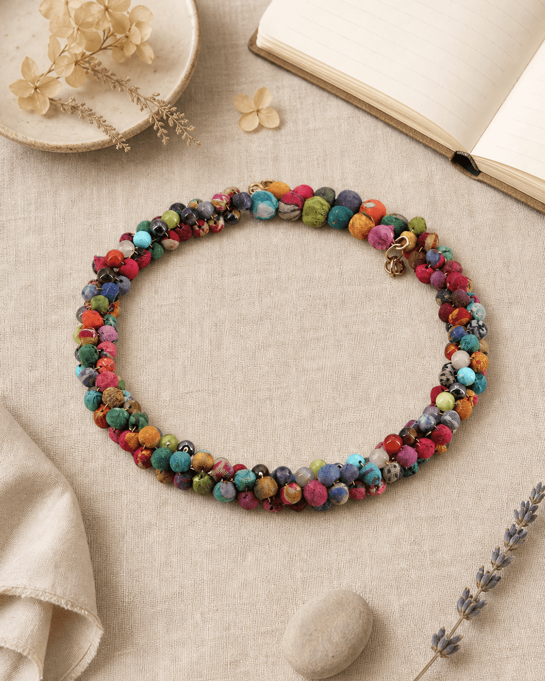 Recycled Textile & Gemstone Beaded Collar Necklace — necklaces, flatlay linen lifestyle photo