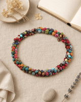 Recycled Textile & Gemstone Beaded Collar Necklace — necklaces, flatlay linen lifestyle photo