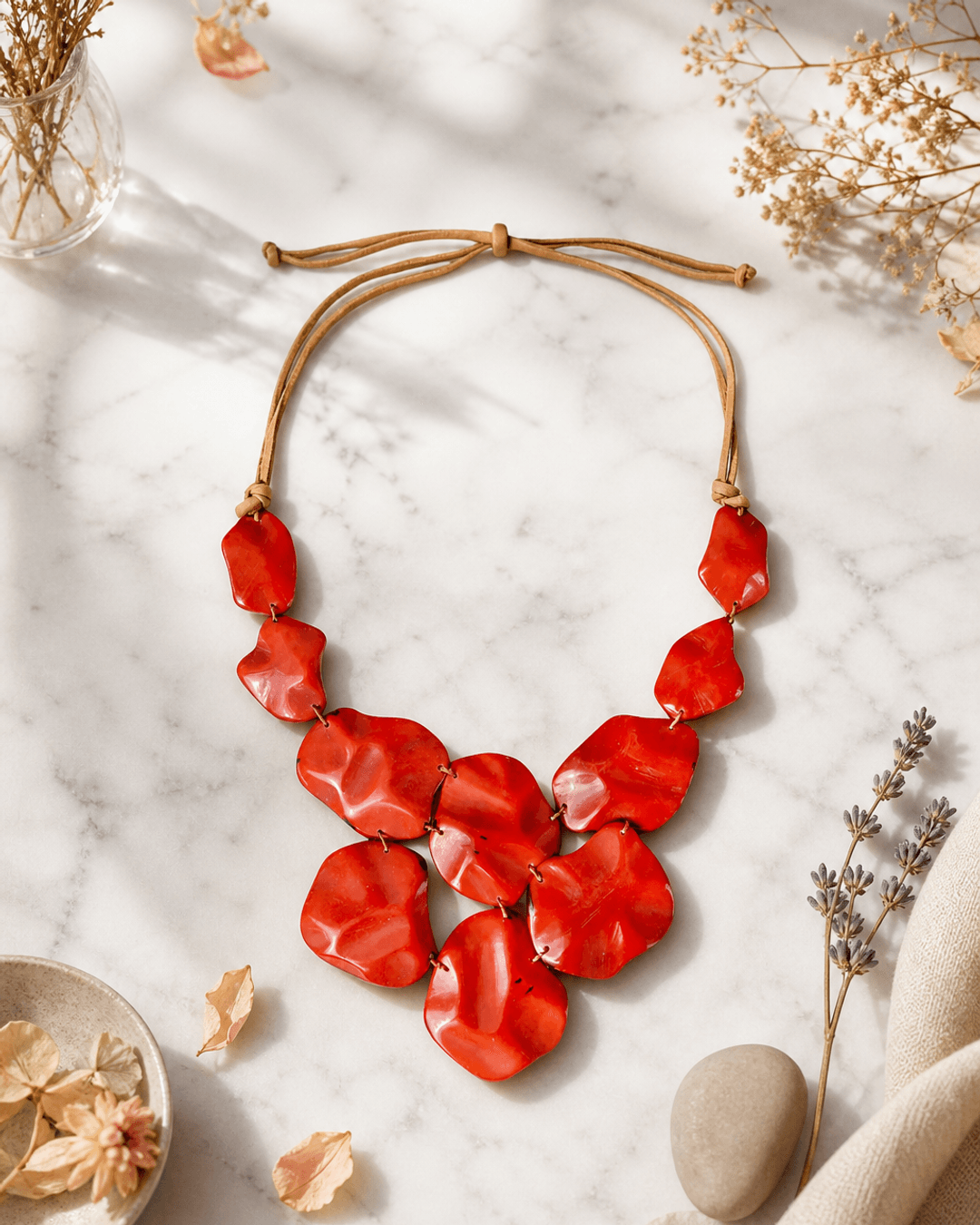 Red Tagua Cascade Necklace – Ecuador — necklaces, editorial marble lifestyle photo