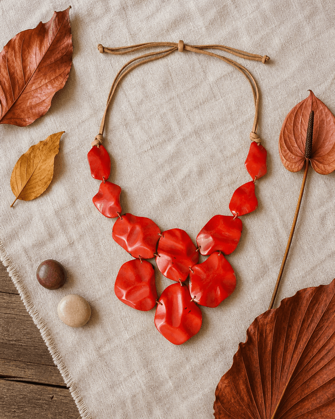 Red Tagua Cascade Necklace – Ecuador — necklaces, flatlay leaf botanical lifestyle photo