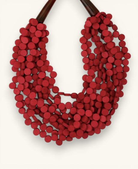 Twisted multi-strand red wooden disc necklace