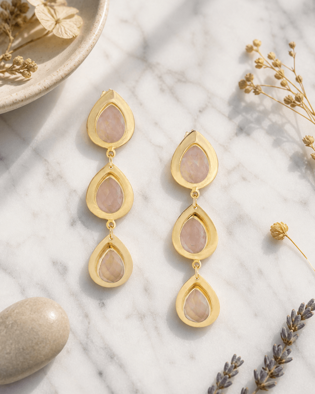 Rose Quartz Teardrop Earrings — earrings, editorial marble lifestyle photo