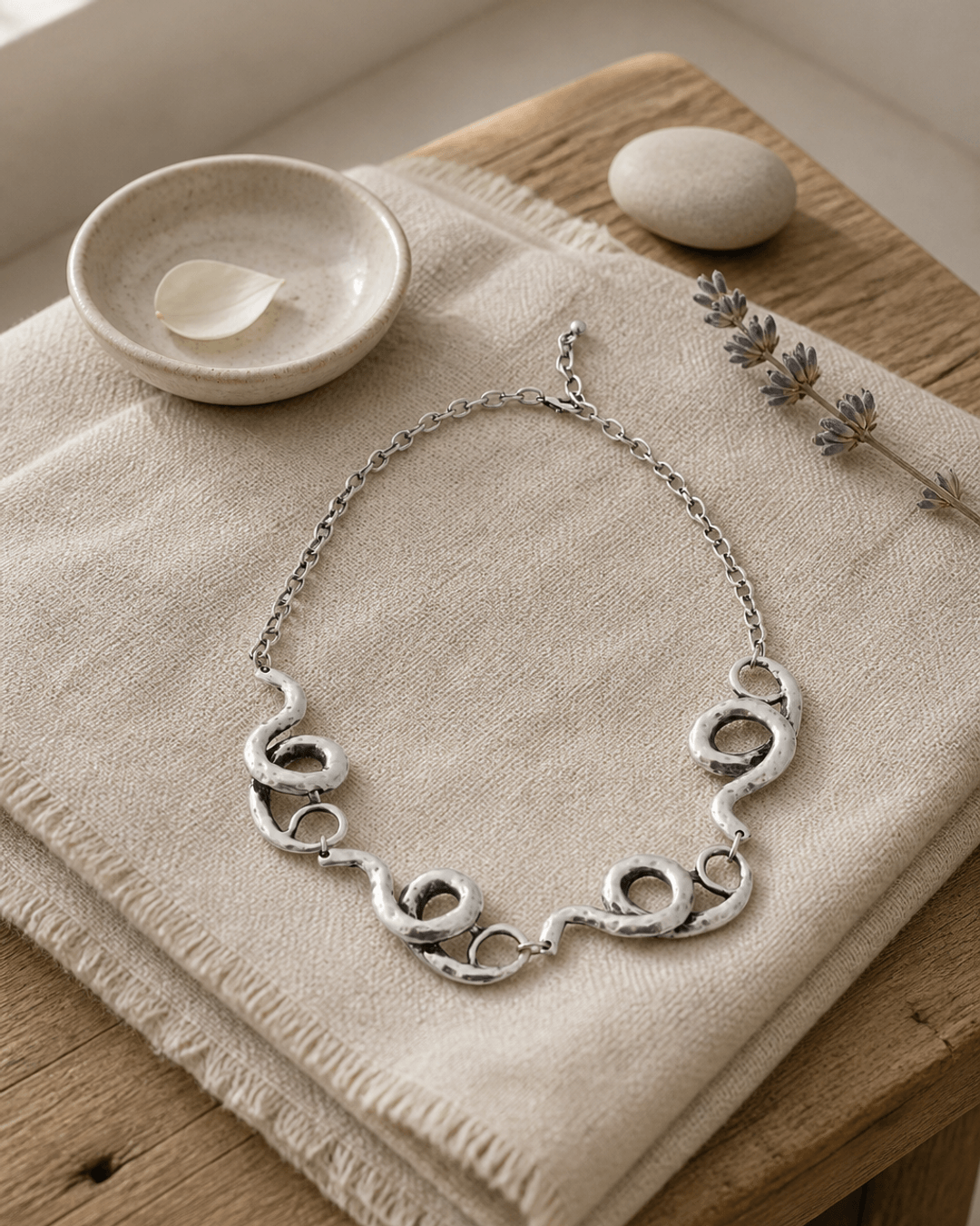 Sculpted Spiral Link Necklace — necklaces, meditation corner lifestyle photo