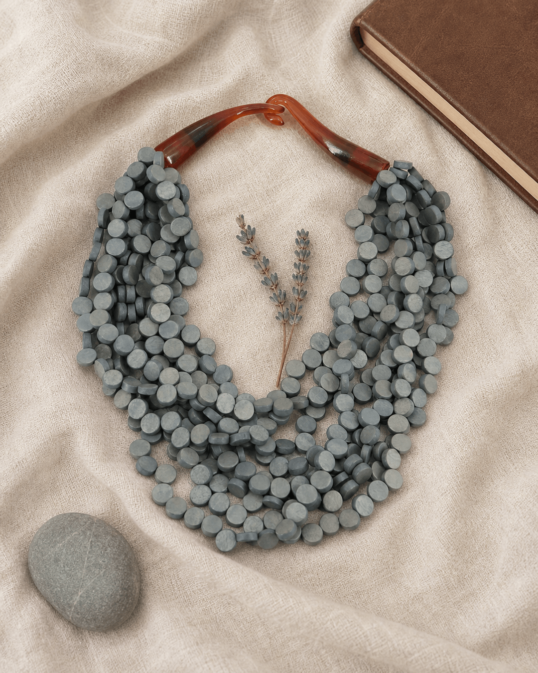 Soothing Grey Twist Wood Necklace — necklaces, flatlay linen journal lifestyle photo