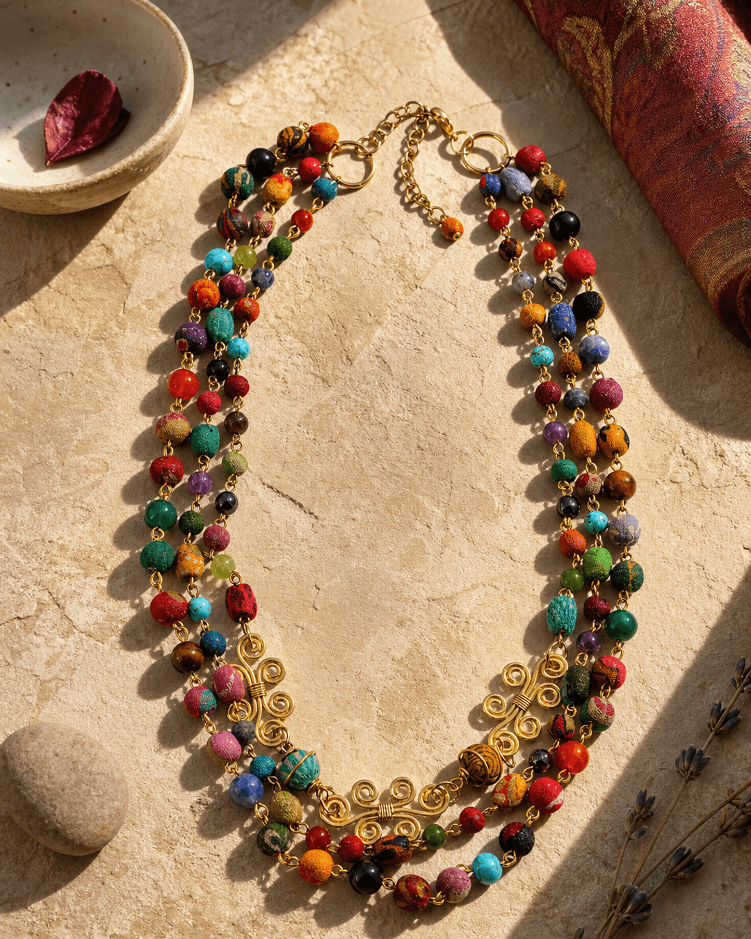 Spiral Brass Kantha Gemstone Necklace — necklaces, vibey shadow lifestyle photo
