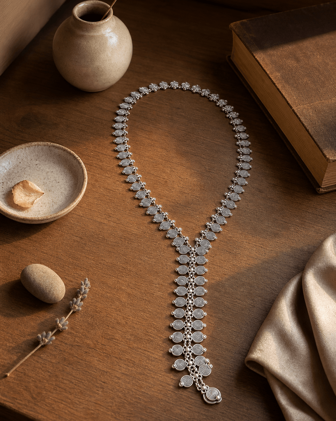 Spiral Elegance Y-Shaped Necklace — necklaces, sunlit shelf lifestyle photo
