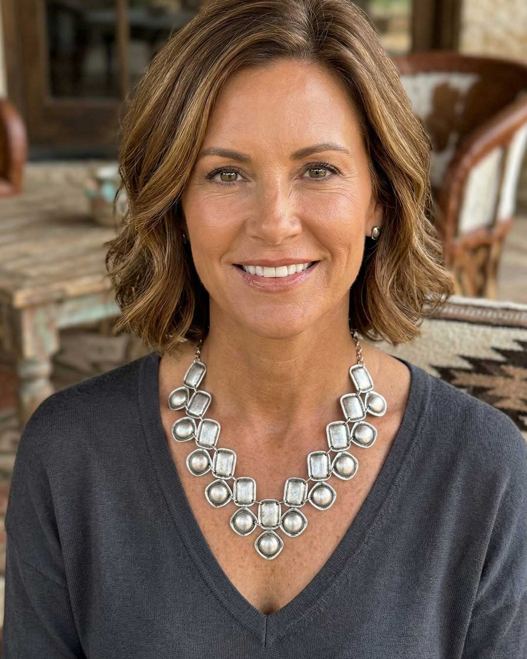 Woman wearing a large silver necklace in an outdoor setting