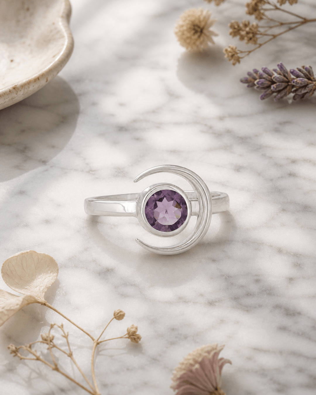Sterling Silver Amethyst Ring with Crescent Moon — rings, editorial marble lifestyle photo