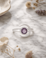 Sterling Silver Amethyst Ring with Crescent Moon — rings, editorial marble lifestyle photo