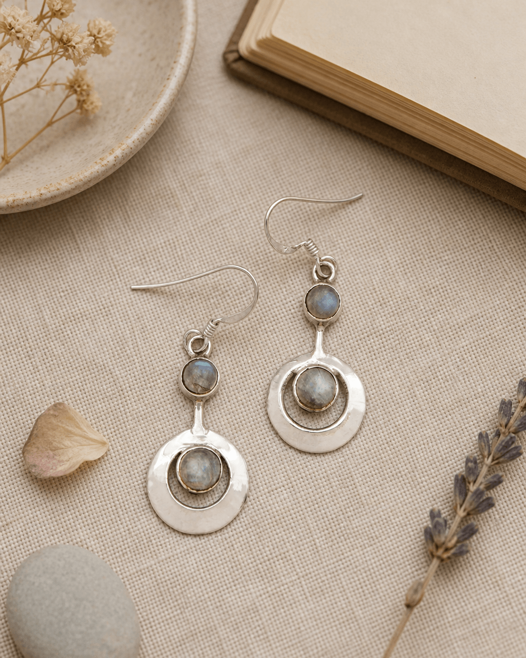 Sterling Silver Gemstone Kinetic Earrings — earrings, flatlay linen lifestyle photo