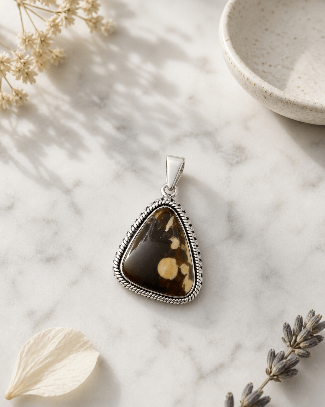 Sterling Silver Peanut Wood Jasper Pendant - Unique Fluid Organic Triangle — charms & pendants, editorial marble lifestyle photo
