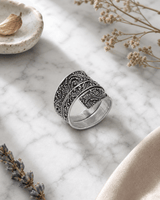 Sterling Silver Wide Band Filigree Ring — rings, editorial marble lifestyle photo