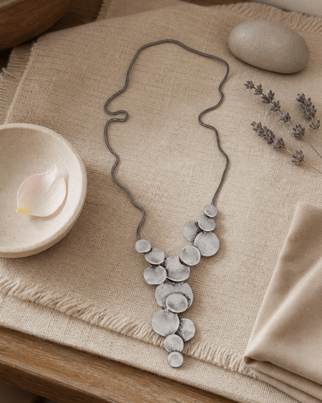 Structured Discs Statement Pewter Necklace — necklaces, meditation corner lifestyle photo