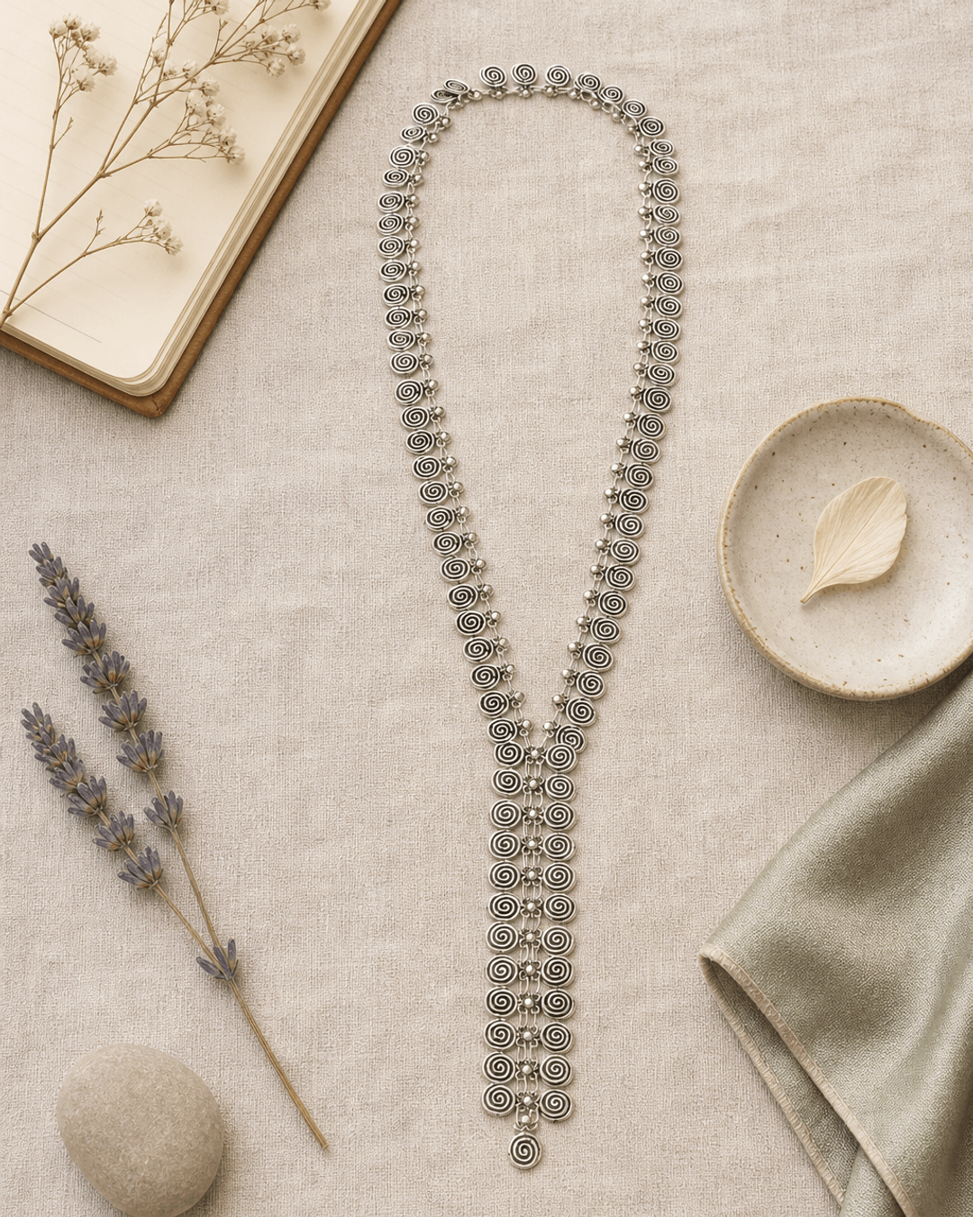 Swirly Circle Y-Shaped Necklace — necklaces, flatlay linen lifestyle photo