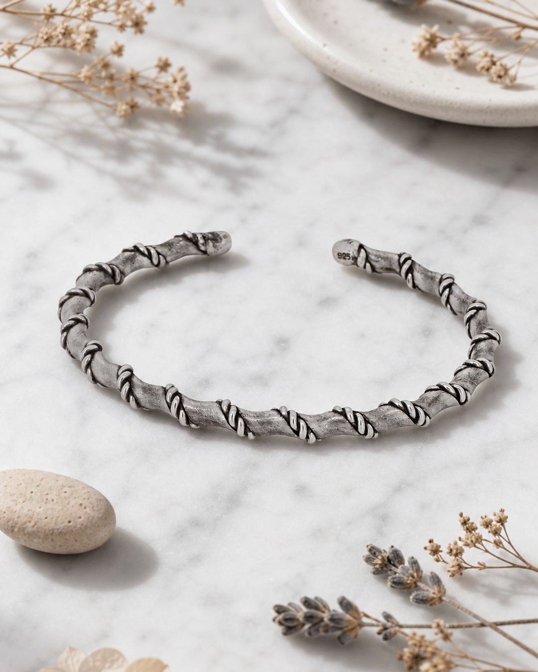 Hilltribe Sterling Silver Rope-Wrapped Adjustable Cuff Bracelet — bracelets, editorial marble lifestyle photo
