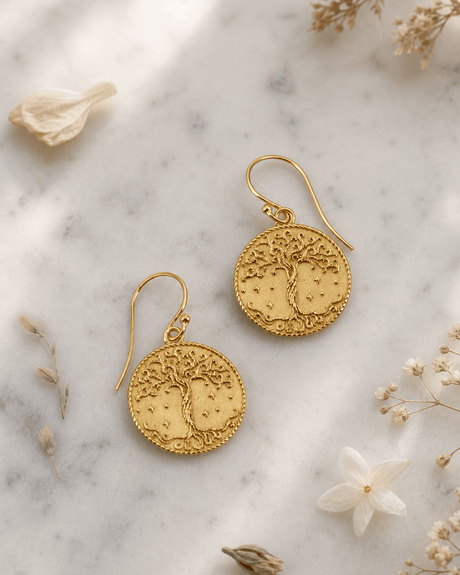 Tree of Life Design Gold Plated Earrings — earrings, editorial marble lifestyle photo