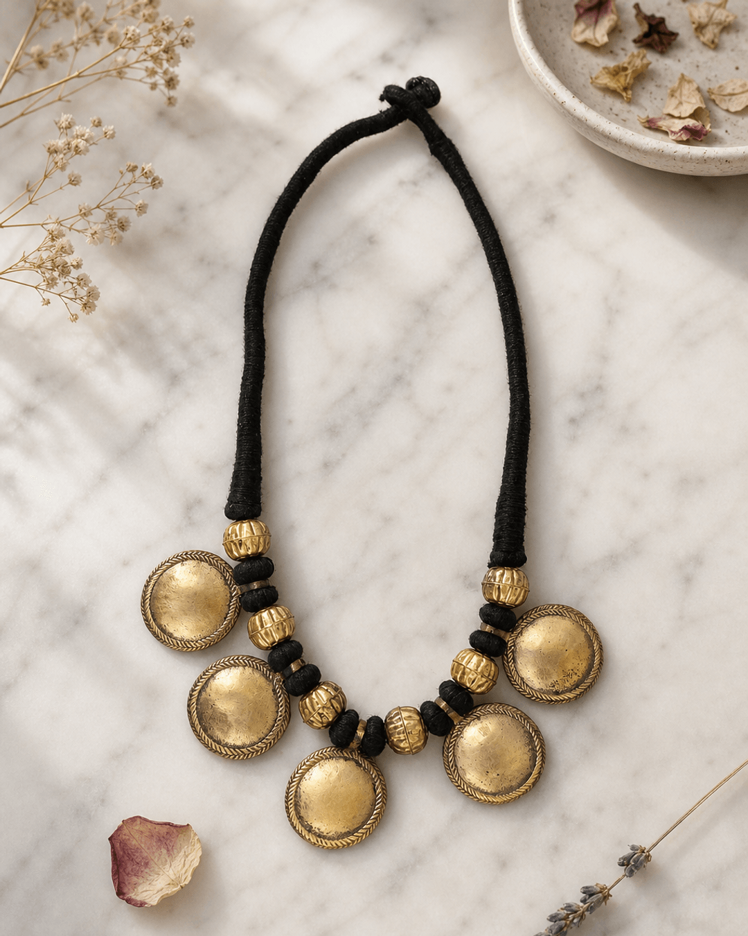 Tribal Inspired Disc Necklace — necklaces, editorial marble lifestyle photo