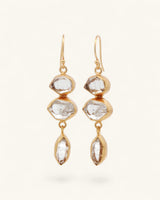 Triple Herkimer quartz gold-plated drop earrings, front detail view with crystal inclusions and facets visible in each stone
