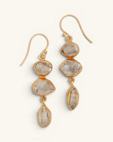 Triple Herkimer quartz gold-plated drop earrings shown as a pair, three stacked raw crystal stones in gold bezels