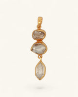 Triple Herkimer Quartz gold-plated pendant front view, three stacked crystals in organic gold bezels on white background