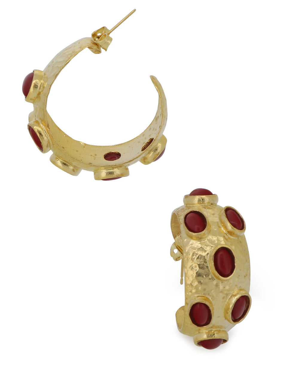Elegant gold plated brass hoop earrings, showcasing the beautifully embedded agate stones and wide hoop design