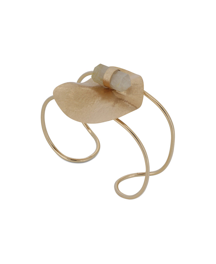 Beautifully designed adjustable wide cuff bracelet, showcasing its modern design and serene snow quartz accent