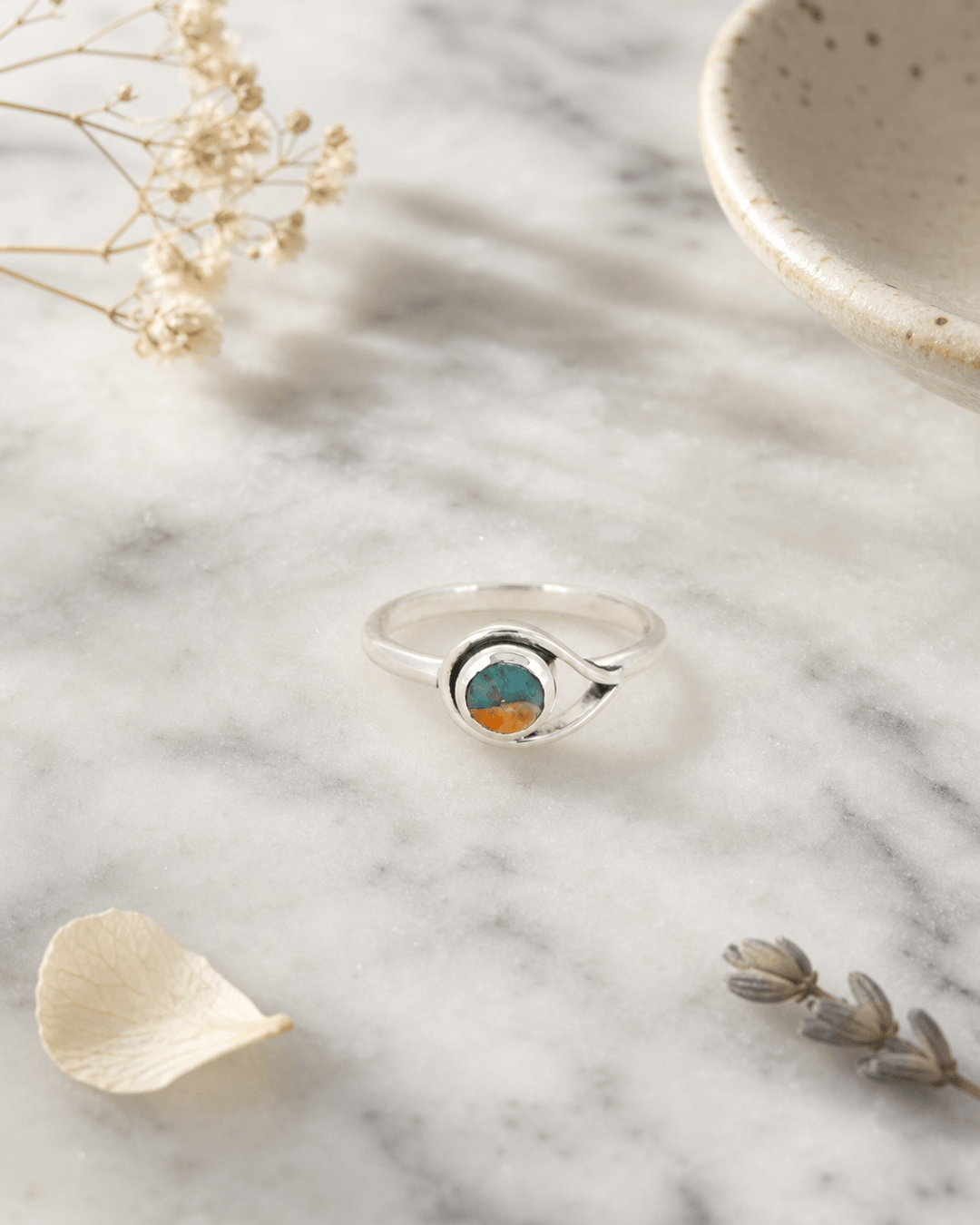 Turquoise Spiny Oyster Sterling Silver Dainy Ring — rings, editorial marble lifestyle photo