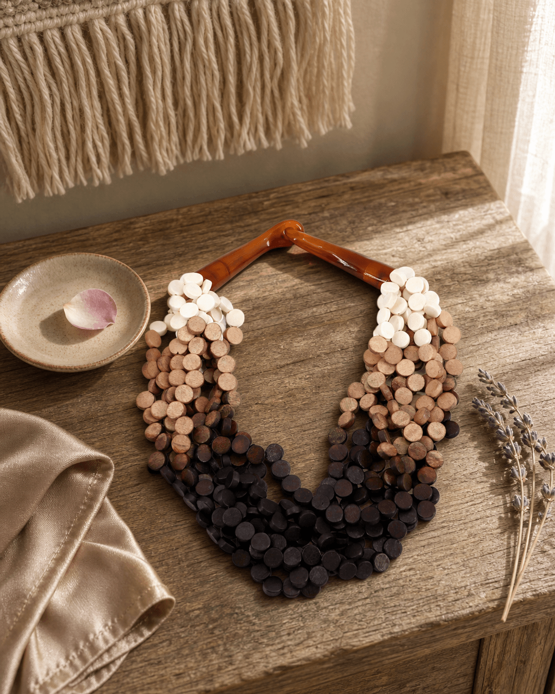 Twisted Multi-Strand Warm Tones Necklace — necklaces, editorial wood lifestyle photo
