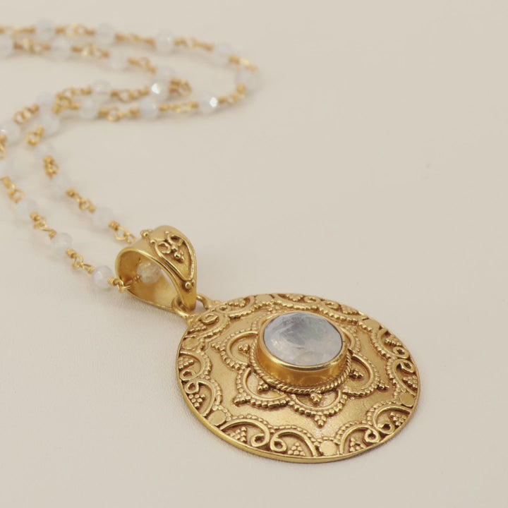Gold Plated Rainbow Moonstone Floral Necklace