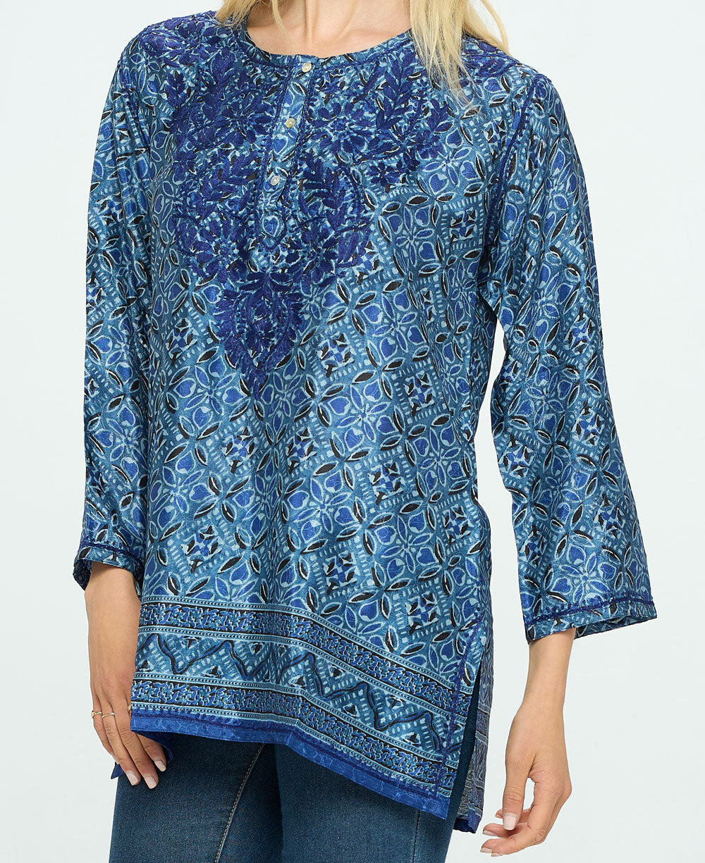 Blue Geometry Tunic With Hand Embroidery