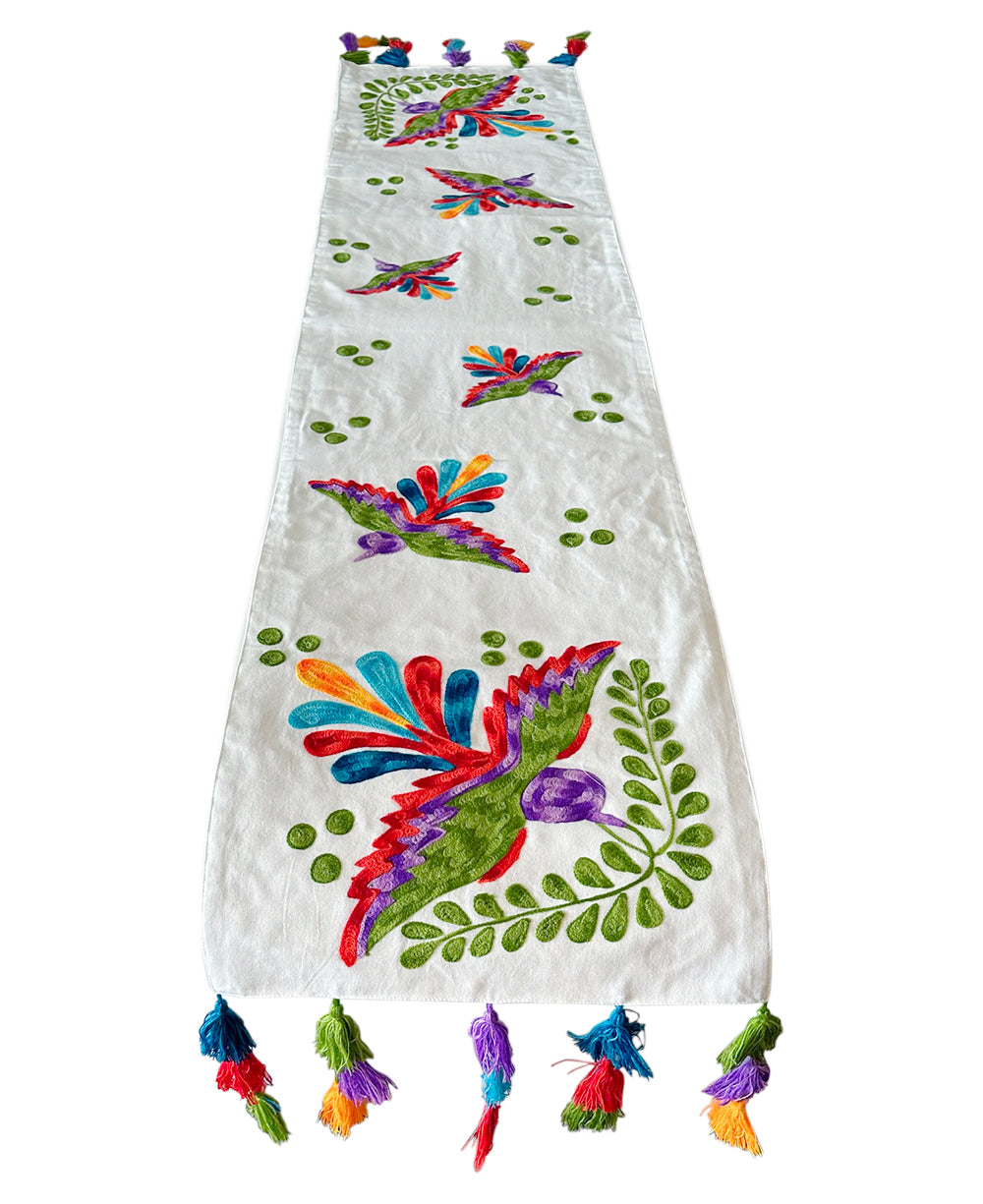 Vivid Bird Design Embroidered Suzani Cotton Table Runner With Tassels