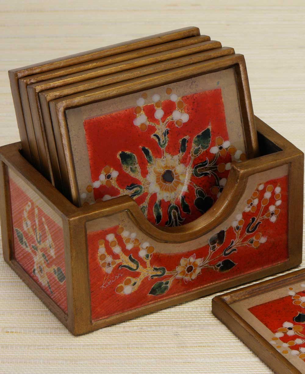 Peruvian Reverse Glass Painted Coaster Set of 6 with Stand