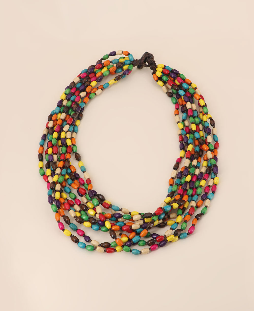Colorful Boxwood beaded necklace made of 10 strands of colorful rice shaped carved beads