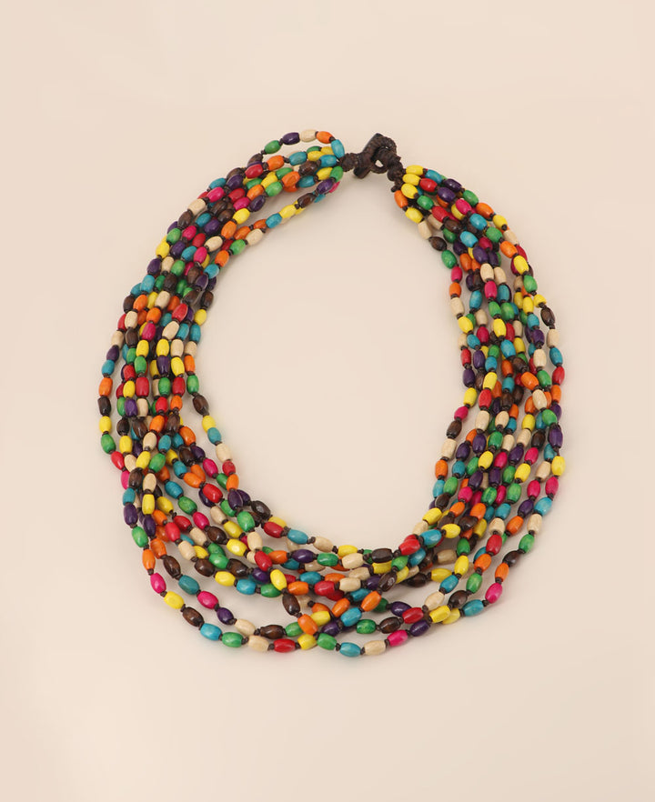 Colorful Boxwood beaded necklace made of 10 strands of colorful rice shaped carved beads