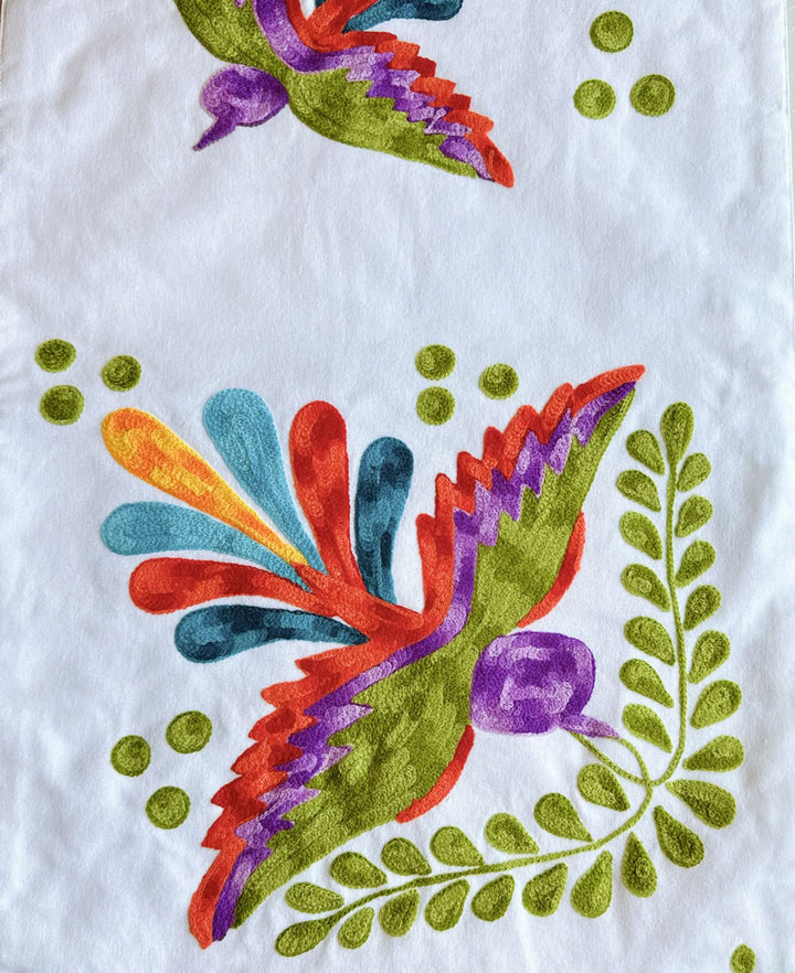 Vivid Bird Design Embroidered Suzani Cotton Table Runner With Tassels