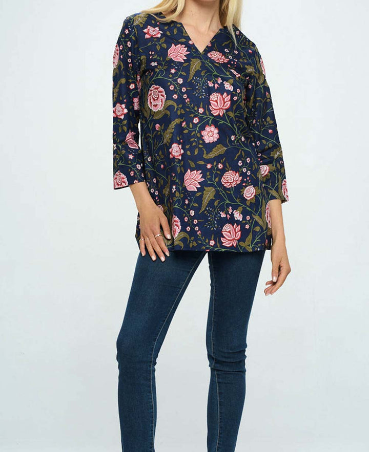 Blue and Pink Floral Cotton Tunic Top
