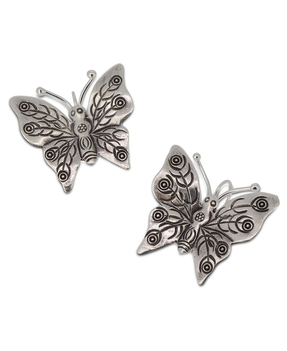 Laotian hill tribe silver butterfly design earrings with elegant etching