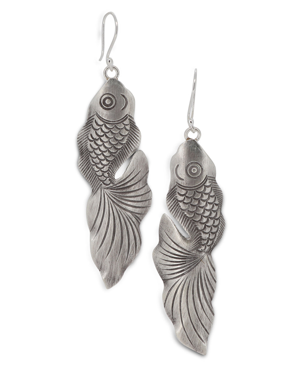 Hilltribe silver long fish earrings