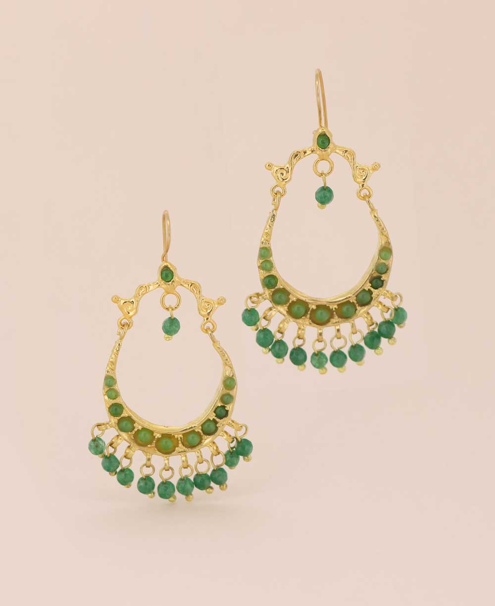 Green agate beads dangle earrings in gold plated brass