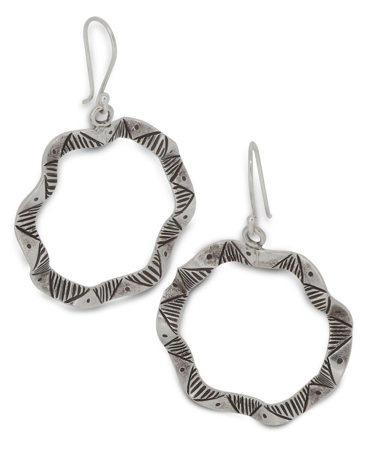 Laotian hill tribe silver circular wavy earrings with tribal design etching