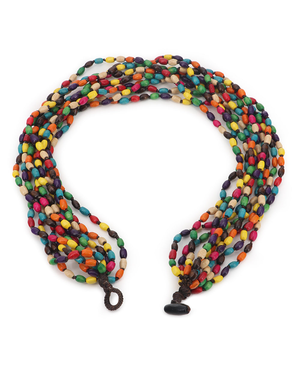 10 strands of boxwood beads in multi-color tone create this necklace