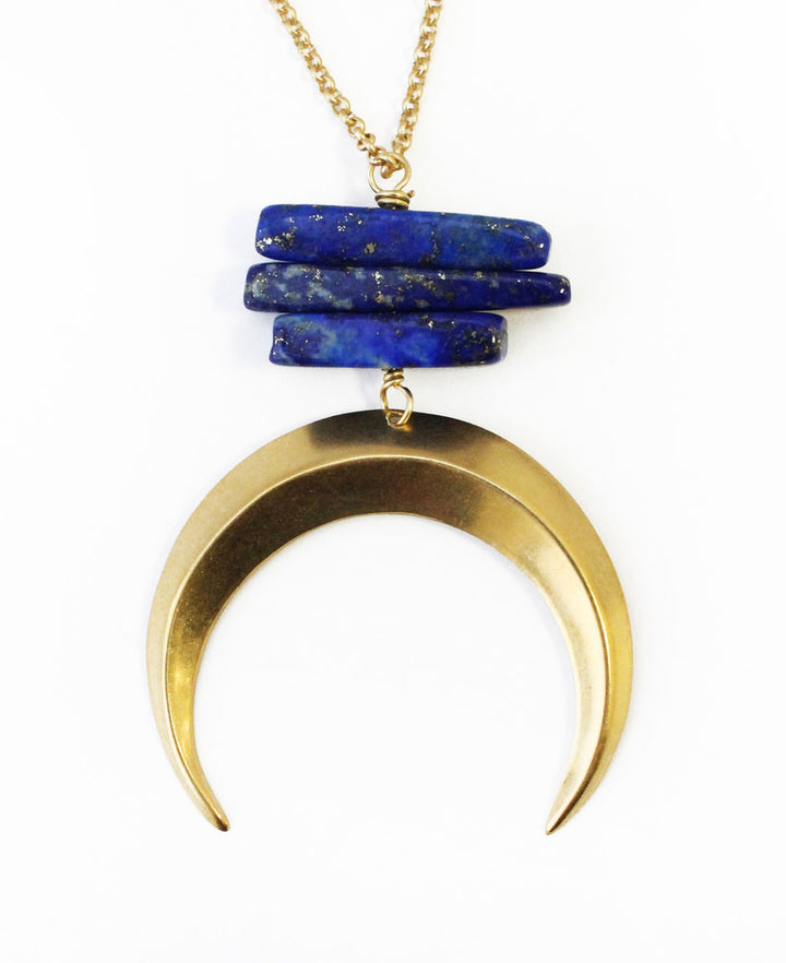 Inverted Lunar Brass Crescent Necklace with Lapis, USA
