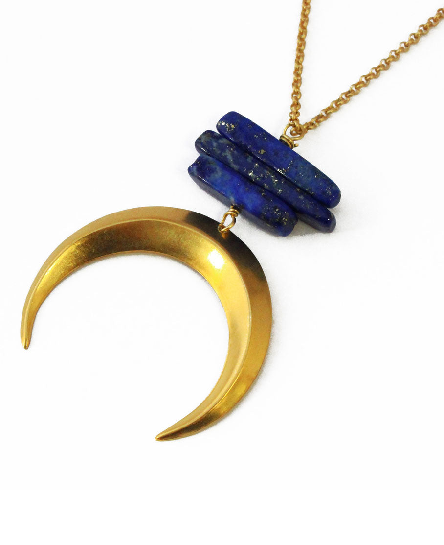 Inverted Lunar Brass Crescent Necklace with Lapis, USA