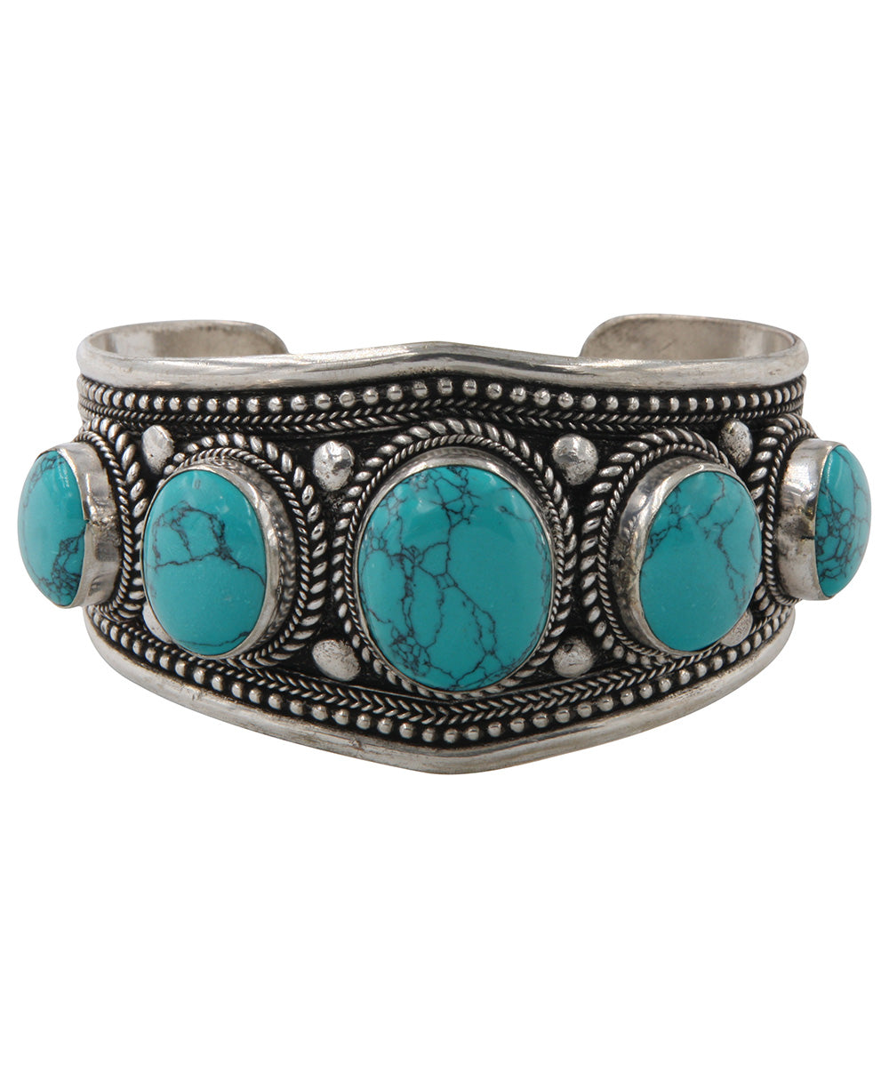 Ornate Tibetan Quintuple Cuff with Turquoise