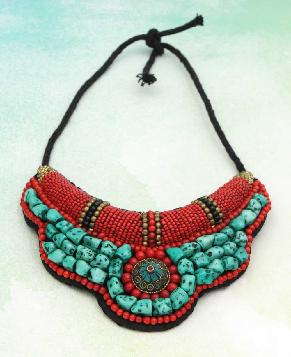 Turquoise Bead Tibetan Tribal Bib Necklace