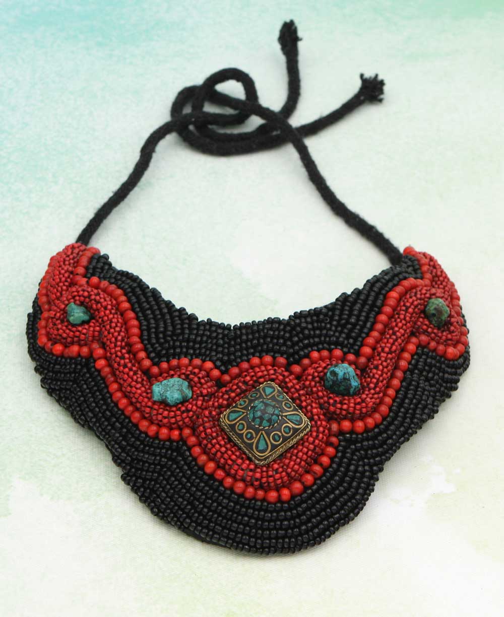 Fiery Night Beaded Choker Tribal Bib Necklace